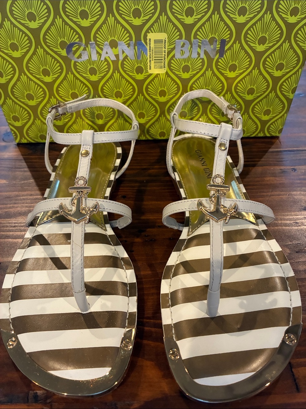 Gianni Bini White and Brown Striped Anchor T-Strap Sandals